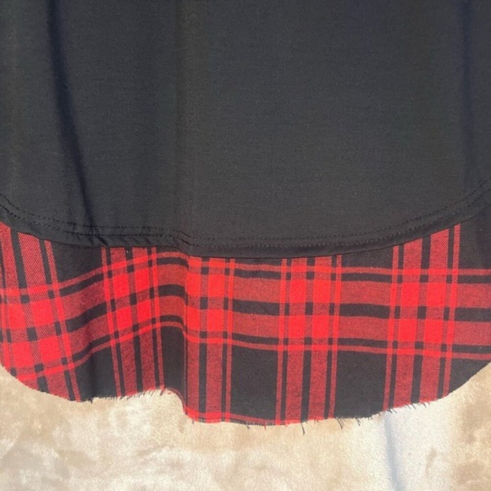 Black Long Sleeve Tunic Top Red Buffalo Plaid Cuff Hemline Round Neckline Large - Picture 8 of 10